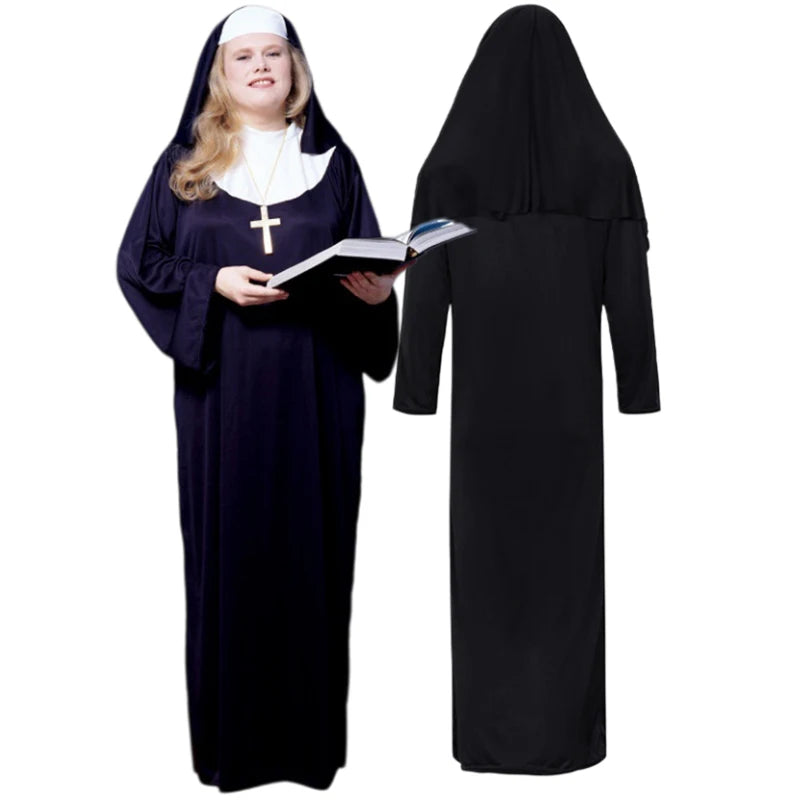 Veylora Halloween Costume  Cosplay Nun Costume Jumpsuit and Headscarf Cross Traditional Adult Sister Black Robe Religious Costumes