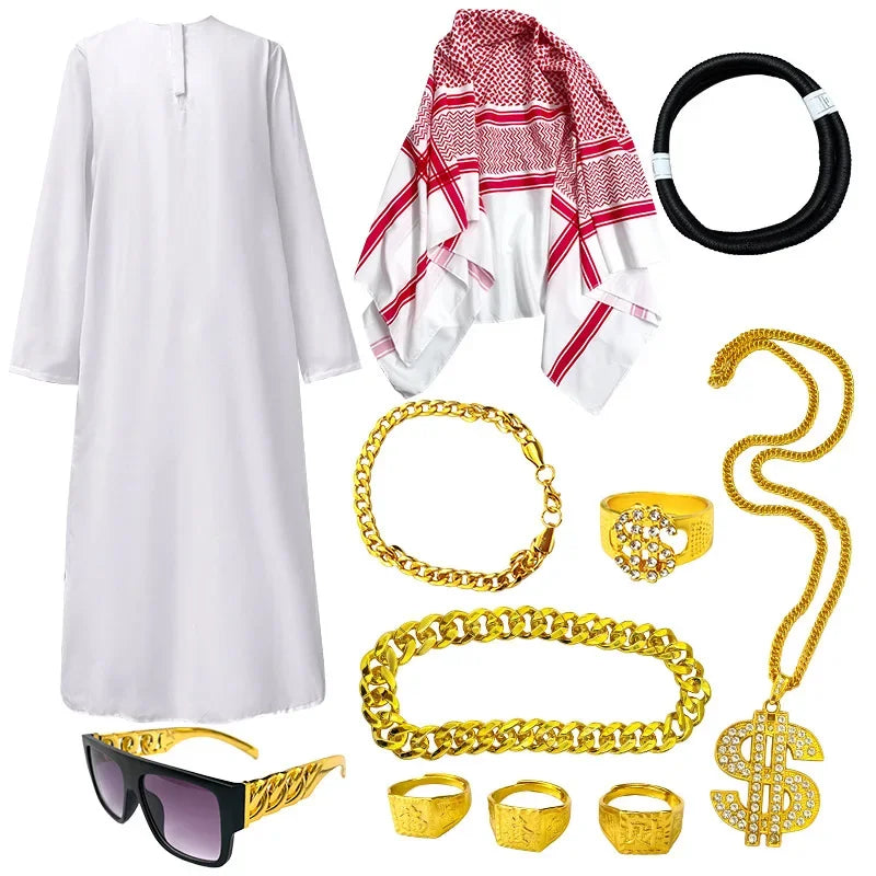 Veylora Arabian Dubai Costume Uae Sheik Cosplay White Robe Headscarf for Wealthy Saudi Birthday Costume Halloween Rich Man Outfit Polyes