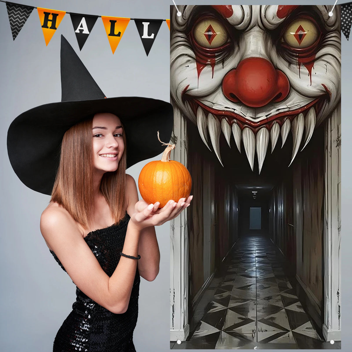 Veylora Halloween Decorations Door Cover,Spooky Witch and Zombie Theme Wall Decor,Indoor Outdoor Haunted House Themed Decoration 2D Scen