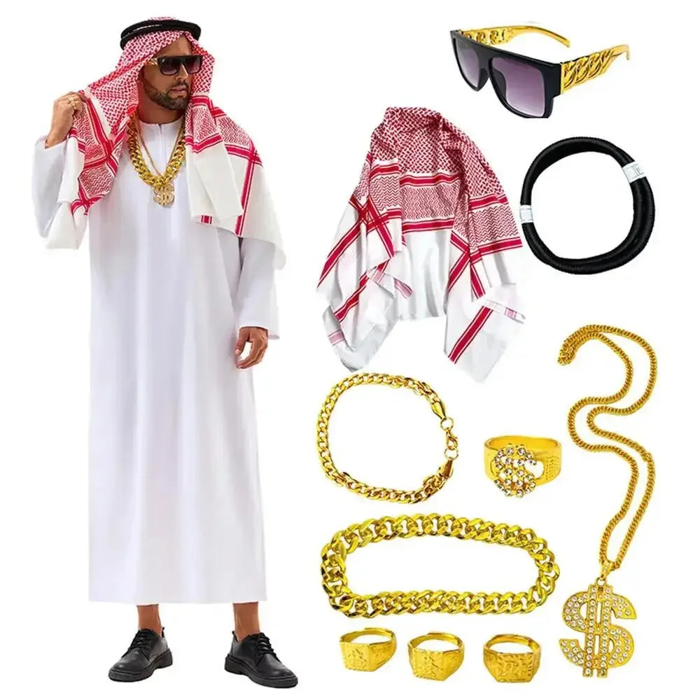 Veylora Arabian Dubai Costume Uae Sheik Cosplay White Robe Headscarf for Wealthy Saudi Birthday Costume Halloween Rich Man Outfit Polyes