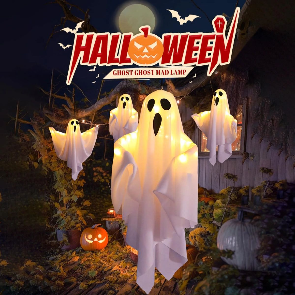 Veylora Halloween Ghost Hanging Decorations Halloween Hanging Light Up White Flying Ghosts Tree Window Wall Scary Ornament 50X40cm