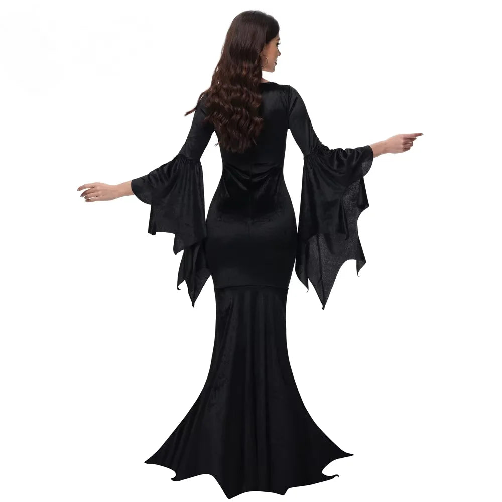 Veylora Halloween Morticia Adams Primate Costume Black Adams Family Dress Retro Gothic Flared Sleeve Fishtail Dress Vestido Party Outfit