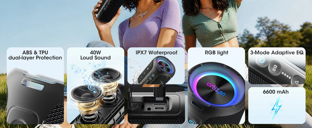 Veylora Ortizan Bluetooth Speaker, 40W Peak Outdoor Portable Loud Speakers Wireless with Deep Bass, USB/AUX/TF Card Port, RGB Light, TWS Stereo, EQ, IPX7 Waterproof for Party, Beach, Kayaking, Camping, Backyard, Garage