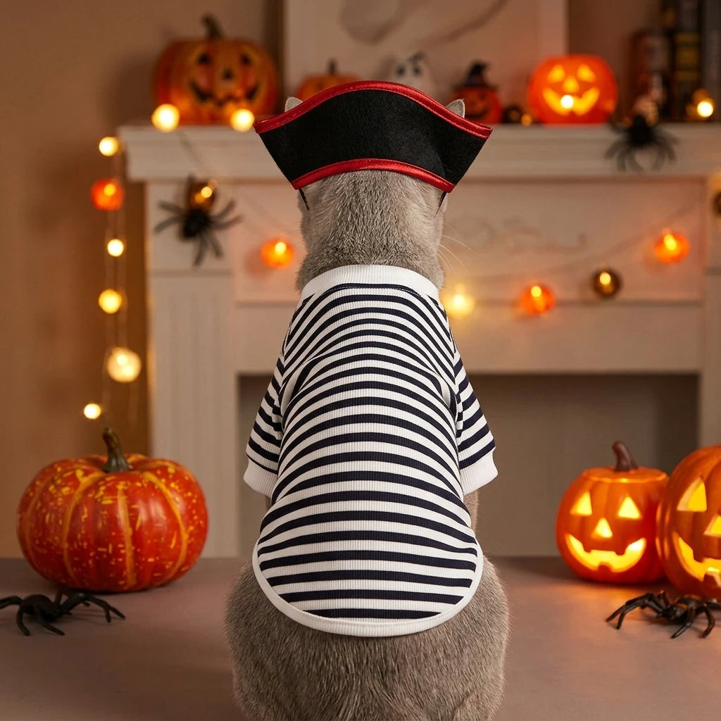 Veylora Halloween Pirate Pet Costume Set with Skull Hat Black White Striped Dog Cat Shirt Sweatshirt Spooky Cosplay Party Apparel Outfit