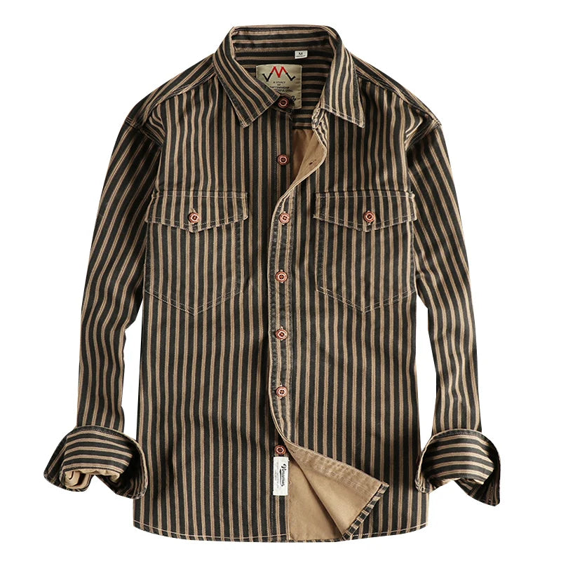 Veylora 2025 Autumn And Winter New American Retro Stripe Long-Sleeve Lapel Shirt Men's Simple Fashion Washed Multi-pocket Casual Blouses