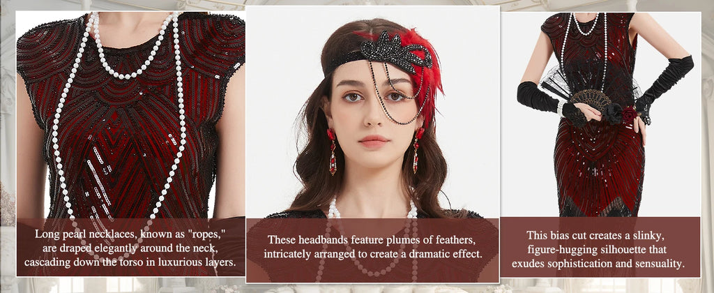 Veylora 1920s Dresses for Women Flapper Dress Lace Fan Feather Headband Sequins Beads Fringes 20s Accessories Vintage Mafia Costume