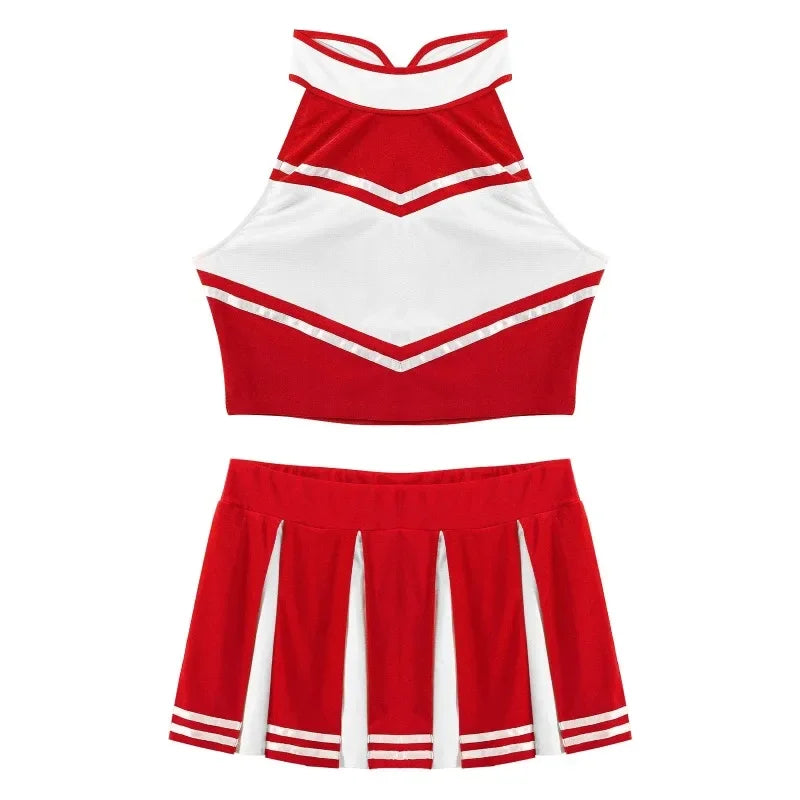 Veylora Carnival Costume 2Pcs Womens Adults Cheerleading Uniform Cosplay Outfit Crop Top with Mini Skirt Halloween Fancy Dress Up Party