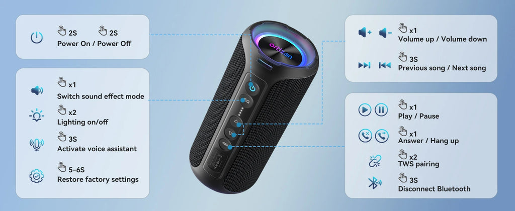 Veylora Ortizan Bluetooth Speaker, 40W Peak Outdoor Portable Loud Speakers Wireless with Deep Bass, USB/AUX/TF Card Port, RGB Light, TWS Stereo, EQ, IPX7 Waterproof for Party, Beach, Kayaking, Camping, Backyard, Garage