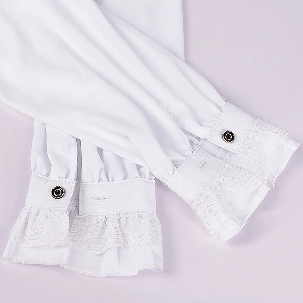 Veylora 2026 Men's Gothic White Shirts And Blouses Tops Retro Victorian Medieval Lace Ruffles Stand Collar Puff Sleeve Shirt Clothing