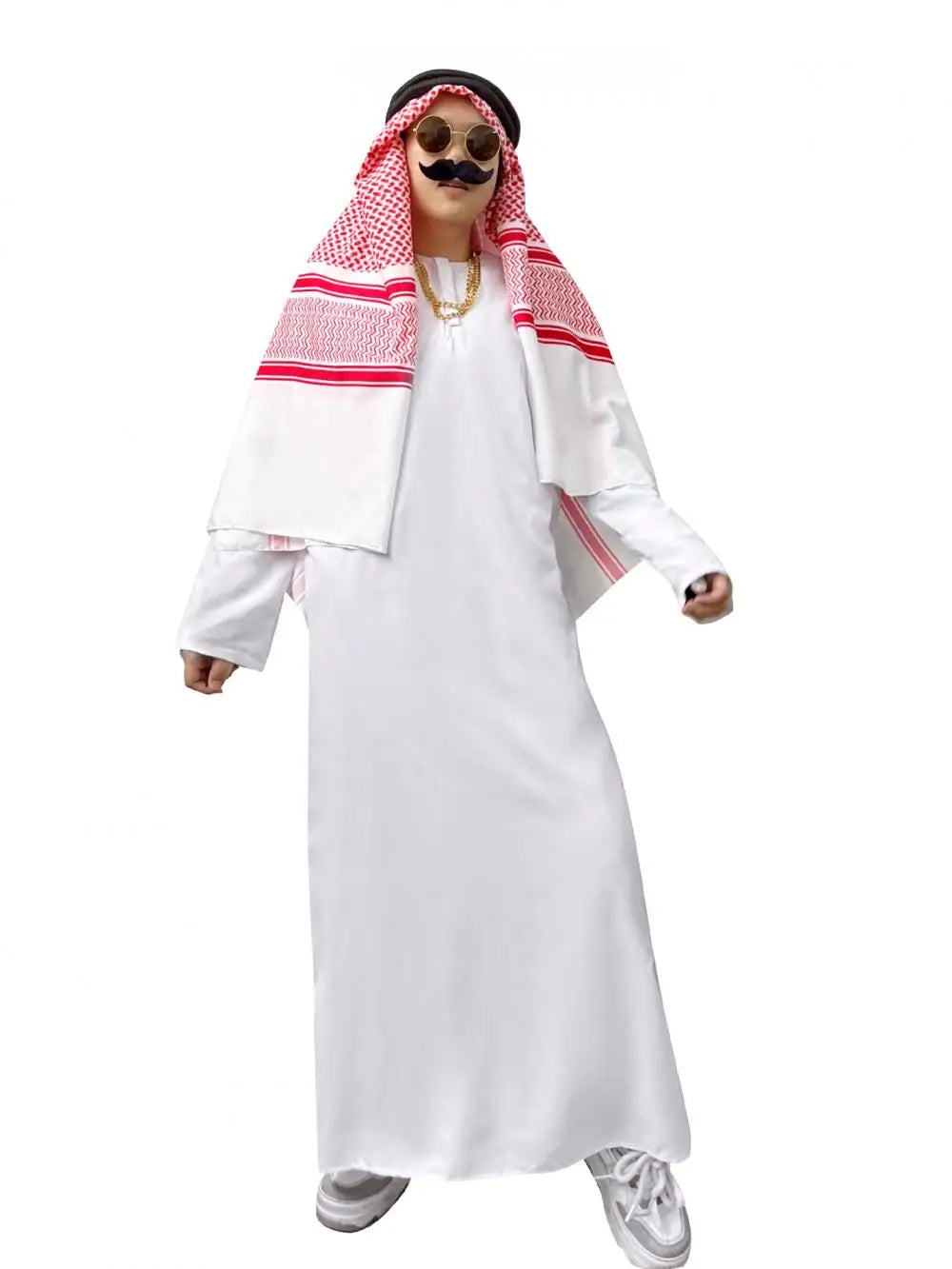 Veylora Arabian Dubai Costume Uae Sheik Cosplay White Robe Headscarf for Wealthy Saudi Birthday Costume Halloween Rich Man Outfit Polyes