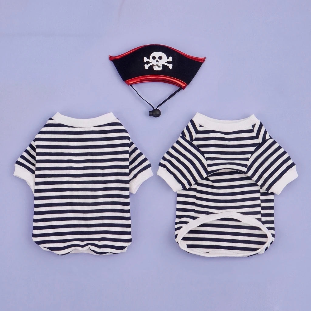 Veylora Halloween Pirate Pet Costume Set with Skull Hat Black White Striped Dog Cat Shirt Sweatshirt Spooky Cosplay Party Apparel Outfit