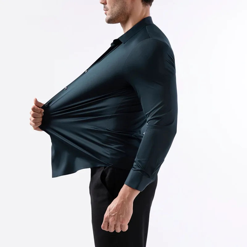 Veylora 100KG Non-Iron Four-way High Stretch Men's Long Sleeve Shirt Silky Soft Sommth Blue Black Business Party Wedding Male Clothing
