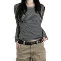 Veylora Long Sleeve Shirts for Women Fashion Casual Basic Crew Neck Striped Slim Fit T-shirt Going Out Blouses Y2K Vintage Tight Shirts