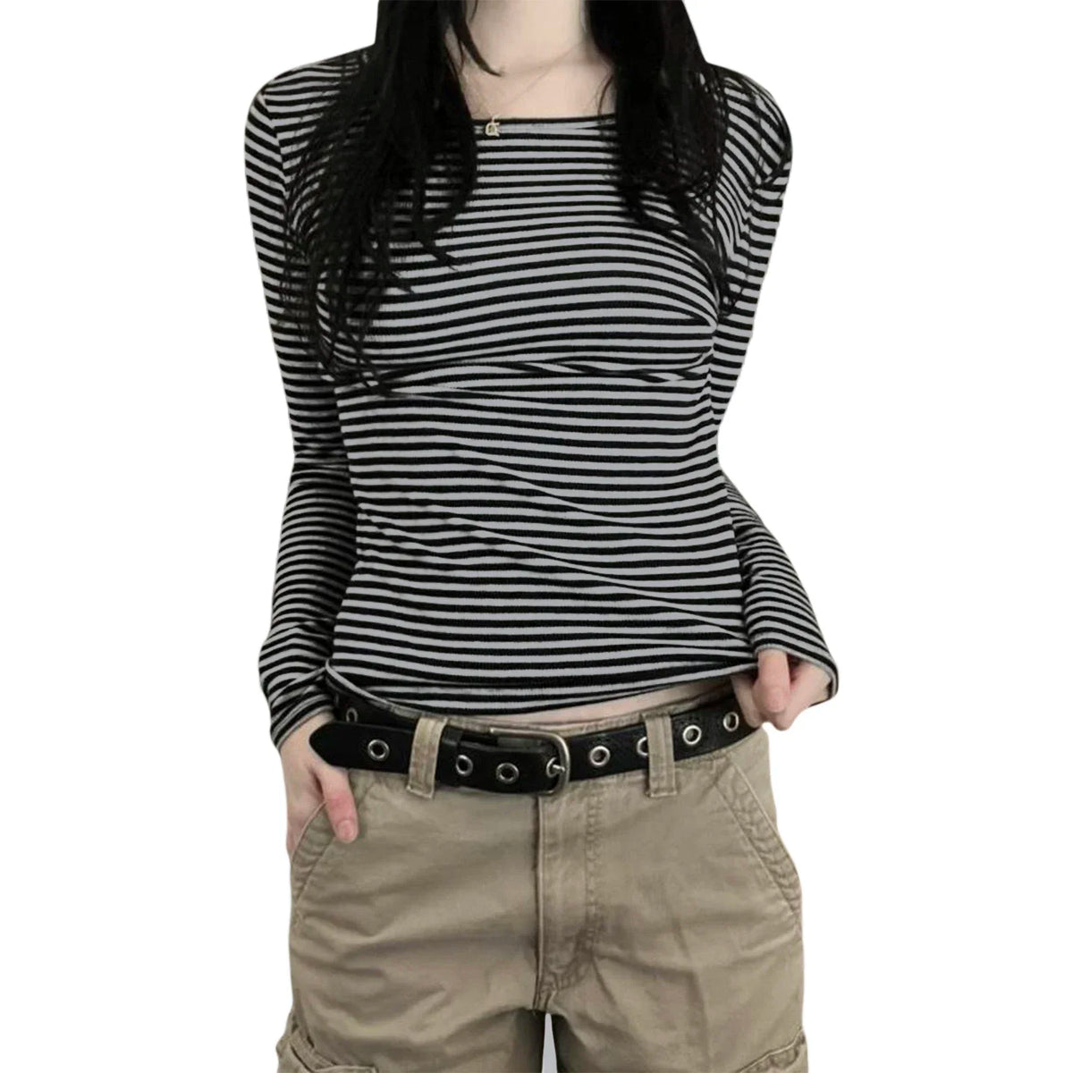 Veylora Long Sleeve Shirts for Women Fashion Casual Basic Crew Neck Striped Slim Fit T-shirt Going Out Blouses Y2K Vintage Tight Shirts