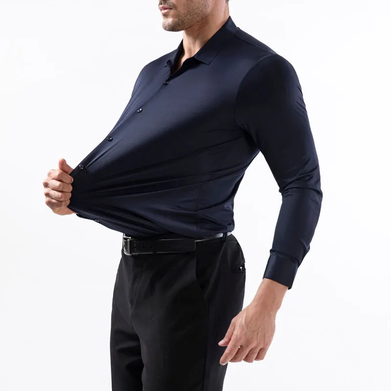 Veylora 100KG Non-Iron Four-way High Stretch Men's Long Sleeve Shirt Silky Soft Sommth Blue Black Business Party Wedding Male Clothing