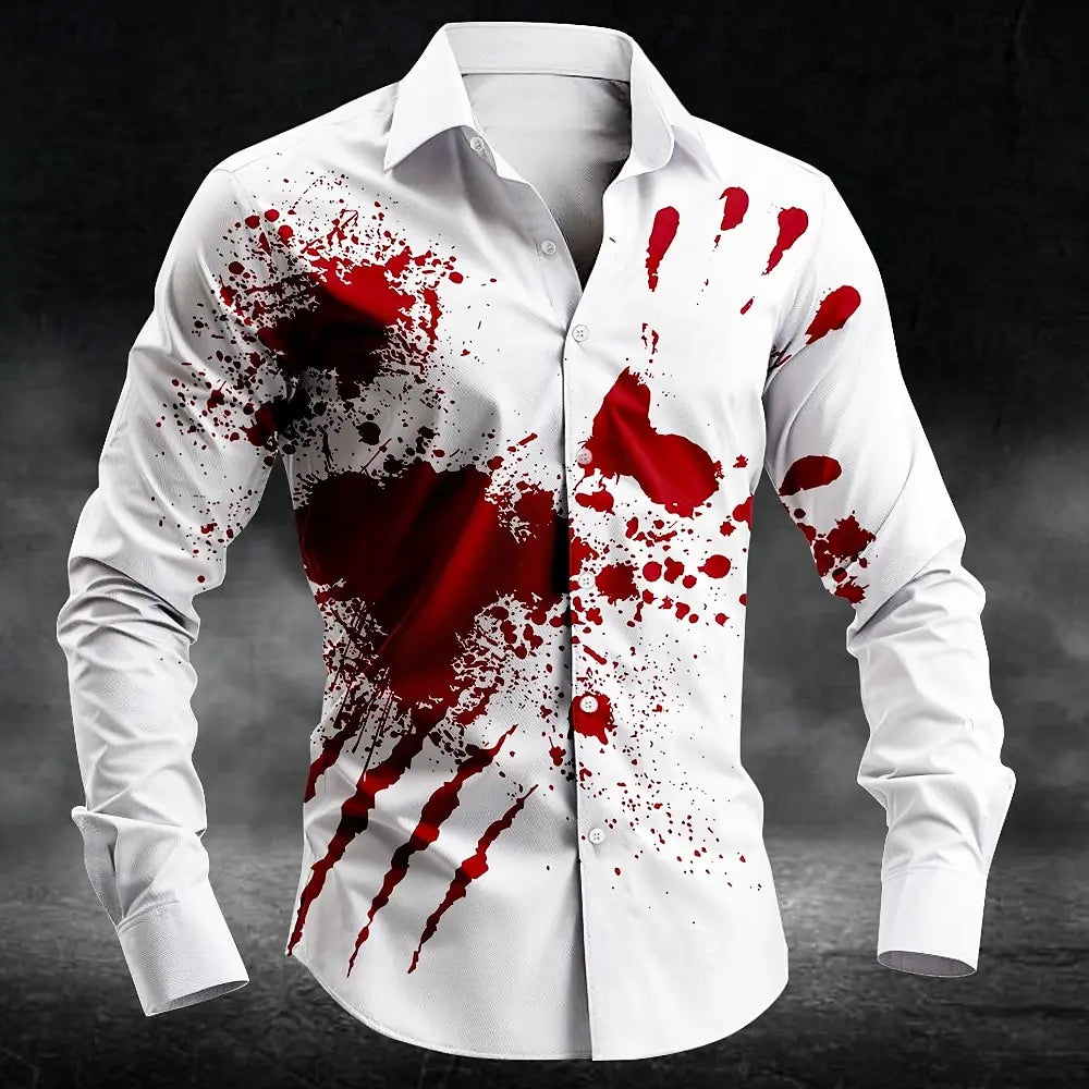 Veylora 2025 Halloween Men's Letter Printed Blood Stains Shirt Button Up Shirt Long Sleeve Dark Punk Gothic Style Streetwear Men's Tops