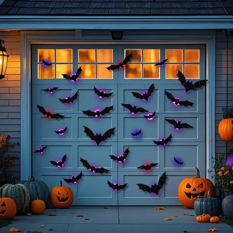 Veylora Halloween Decorations  3D LED Lighted Bats with Purple Green Lights, Waterproof Window Stickers for Indoor Outdoor Scary Decor