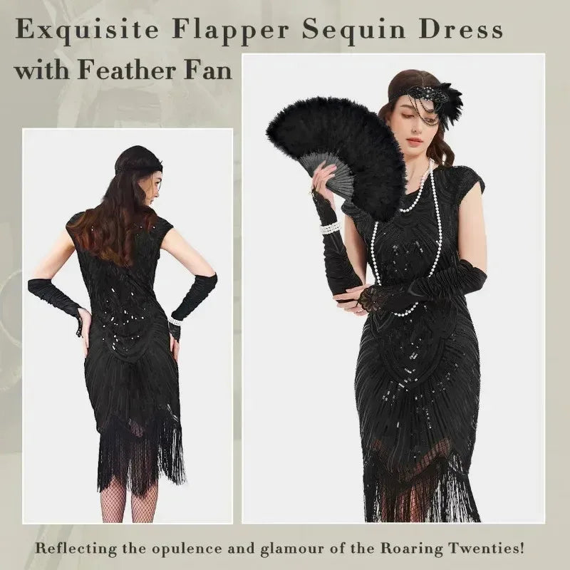 Veylora 1920s Dresses for Women Flapper Dress Lace Fan Feather Headband Sequins Beads Fringes 20s Accessories Vintage Mafia Costume