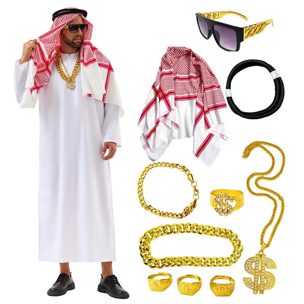 Veylora Arabian Dubai Costume Uae Sheik Cosplay White Robe Headscarf for Wealthy Saudi Birthday Costume Halloween Rich Man Outfit Polyes