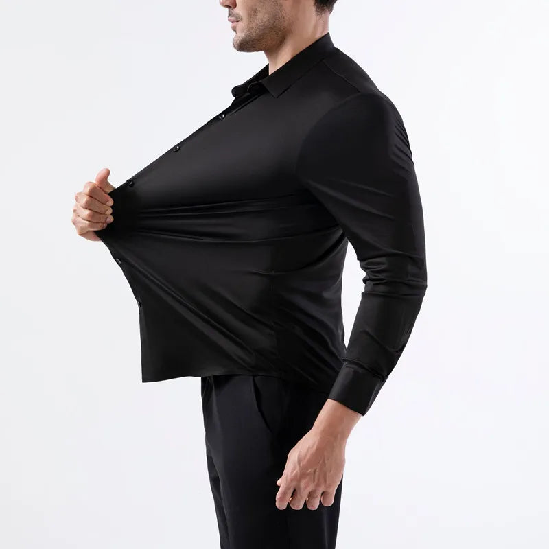 Veylora 100KG Non-Iron Four-way High Stretch Men's Long Sleeve Shirt Silky Soft Sommth Blue Black Business Party Wedding Male Clothing