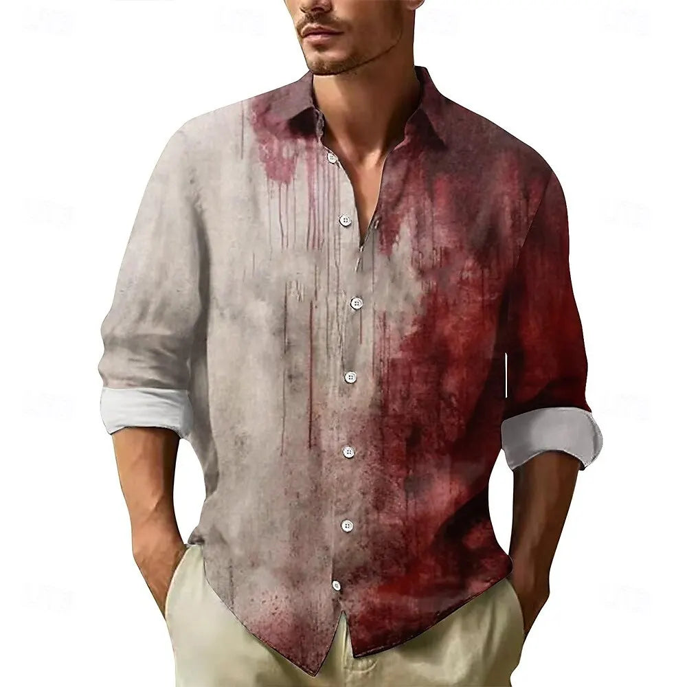 Veylora 2025 Halloween Men's Letter Printed Blood stains Shirt Button Up Shirt Long Sleeve Dark Punk Gothic Style Streetwear Men's Tops