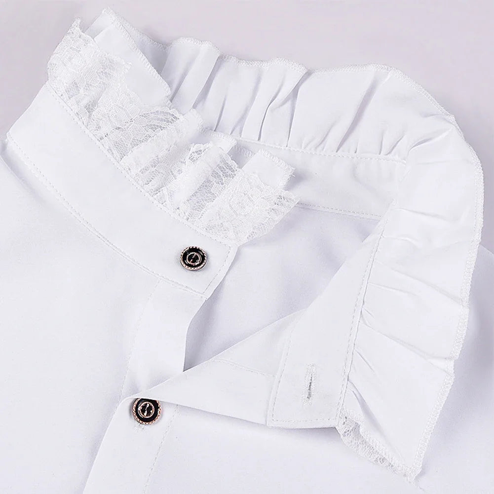 Veylora 2026 Men's Gothic White Shirts And Blouses Tops Retro Victorian Medieval Lace Ruffles Stand Collar Puff Sleeve Shirt Clothing