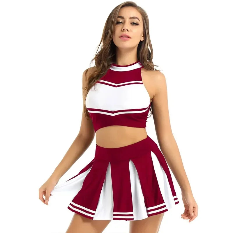 Veylora Carnival Costume 2Pcs Womens Adults Cheerleading Uniform Cosplay Outfit Crop Top with Mini Skirt Halloween Fancy Dress Up Party