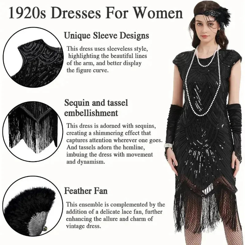 Veylora 1920s Dresses for Women Flapper Dress Lace Fan Feather Headband Sequins Beads Fringes 20s Accessories Vintage Mafia Costume
