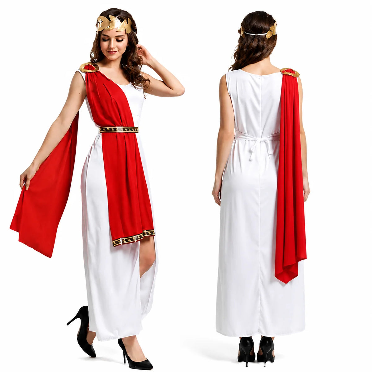 Veylora Roman Greek Costume Adult Men Women Couple Toga White Tunic Red Cape Gold Laurel Wreath Halloween Carnival Cosplay Outfit Set