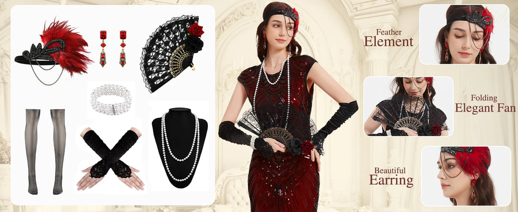 Veylora 1920s Dresses for Women Flapper Dress Lace Fan Feather Headband Sequins Beads Fringes 20s Accessories Vintage Mafia Costume