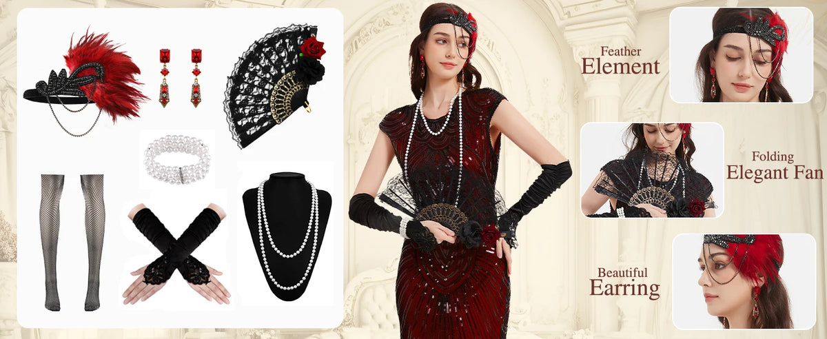 Veylora 1920s Dresses for Women Flapper Dress Lace Fan Feather Headband Sequins Beads Fringes 20s Accessories Vintage Mafia Costume