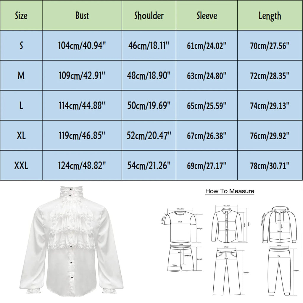 Veylora Men Steampunk Shirt Vintage Prince Medieval Renaissance Blouse Male White Black Turtleneck Tops Victorian Cosplay Costumes