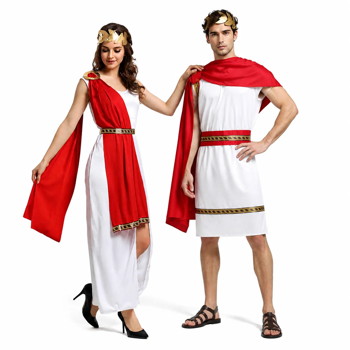 Veylora Roman Greek Costume Adult Men Women Couple Toga White Tunic Red Cape Gold Laurel Wreath Halloween Carnival Cosplay Outfit Set