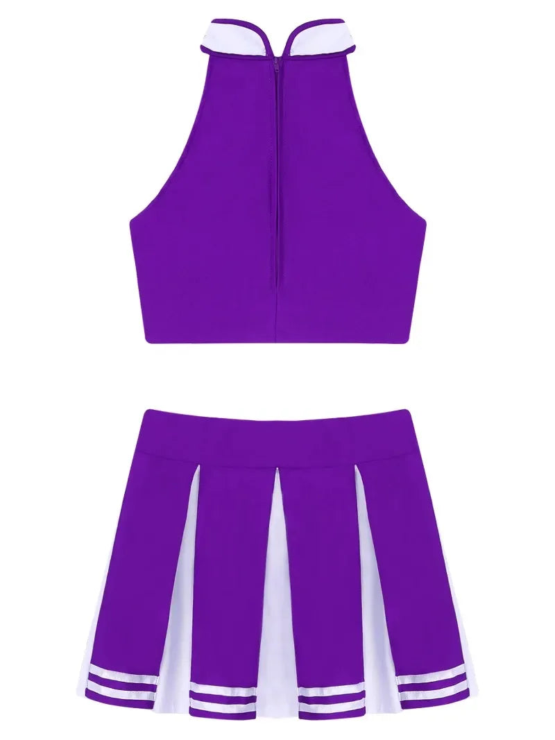 Veylora Carnival Costume 2Pcs Womens Adults Cheerleading Uniform Cosplay Outfit Crop Top with Mini Skirt Halloween Fancy Dress Up Party