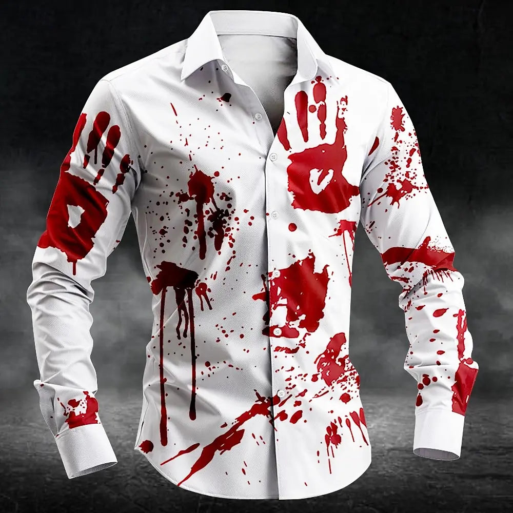 Veylora 2025 Halloween Men's Letter Printed Blood Stains Shirt Button Up Shirt Long Sleeve Dark Punk Gothic Style Streetwear Men's Tops