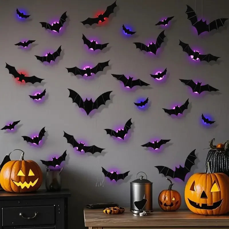 Veylora Halloween Decorations  3D LED Lighted Bats with Purple Green Lights, Waterproof Window Stickers for Indoor Outdoor Scary Decor