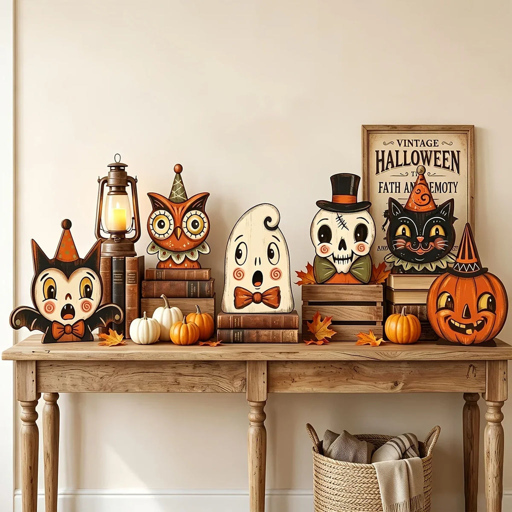 Veylora Halloween Decor Indoor,Retro Wooden Block for Shelf Decoration,Cute Ghost,Pumpkin,Black Cat,Skeleton,Witch Owl,Housewarming Gift