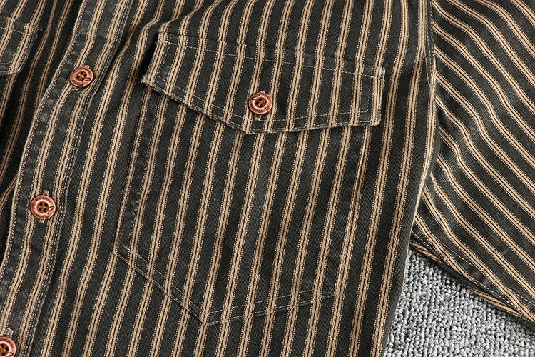 Veylora 2025 Autumn And Winter New American Retro Stripe Long-Sleeve Lapel Shirt Men's Simple Fashion Washed Multi-pocket Casual Blouses