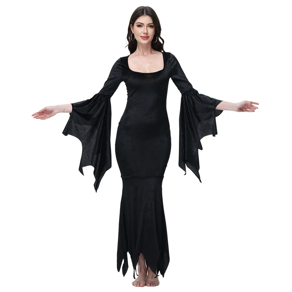 Veylora Halloween Morticia Adams Primate Costume Black Adams Family Dress Retro Gothic Flared Sleeve Fishtail Dress Vestido Party Outfit