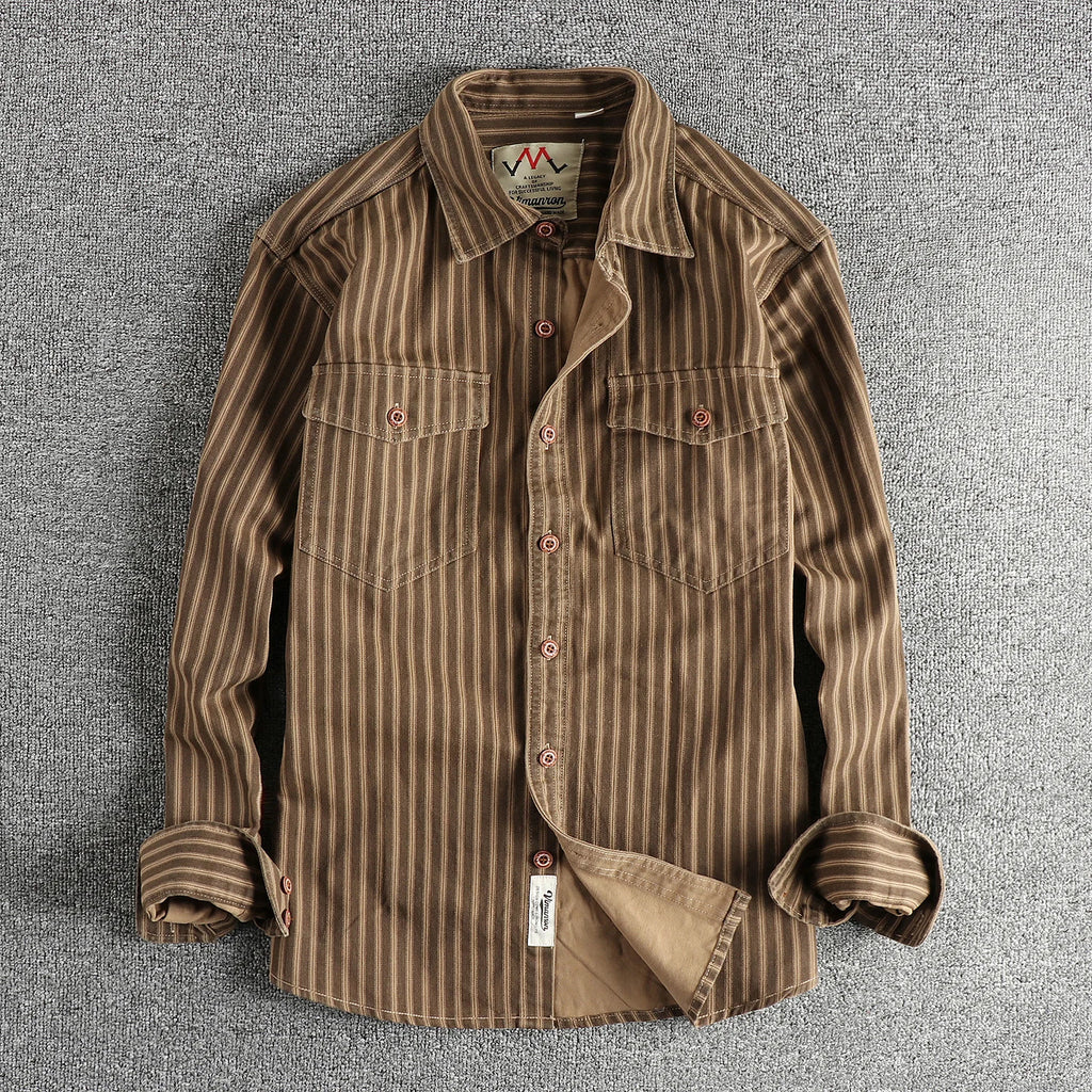Veylora 2025 Autumn And Winter New American Retro Stripe Long-Sleeve Lapel Shirt Men's Simple Fashion Washed Multi-pocket Casual Blouses