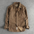 Veylora 2025 Autumn And Winter New American Retro Stripe Long-Sleeve Lapel Shirt Men's Simple Fashion Washed Multi-pocket Casual Blouses