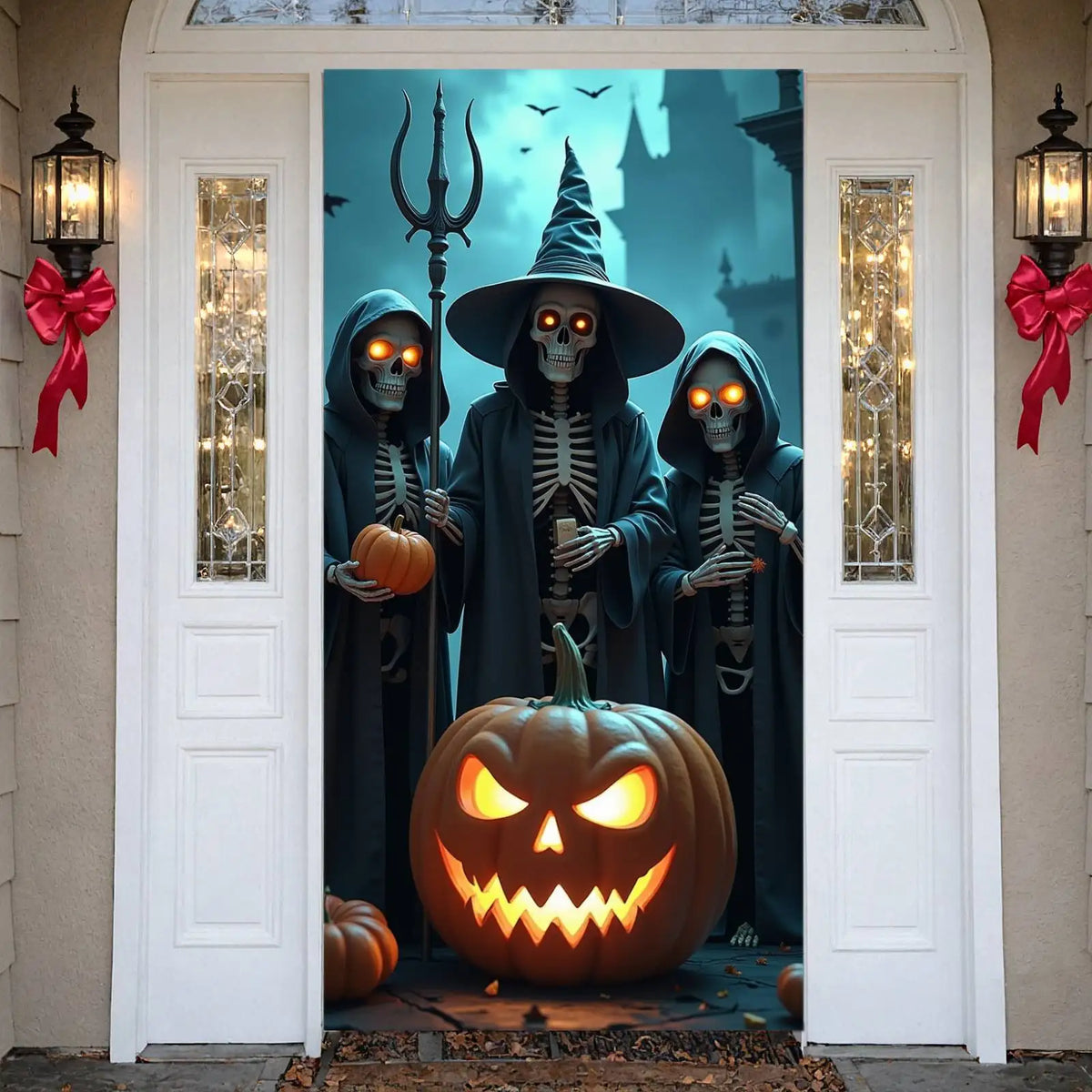 Veylora Halloween Decorations Door Cover Spooky Design Halloween Eerie Skeleton Gothic Jack O Lantern for Halloween Party Horror Decor