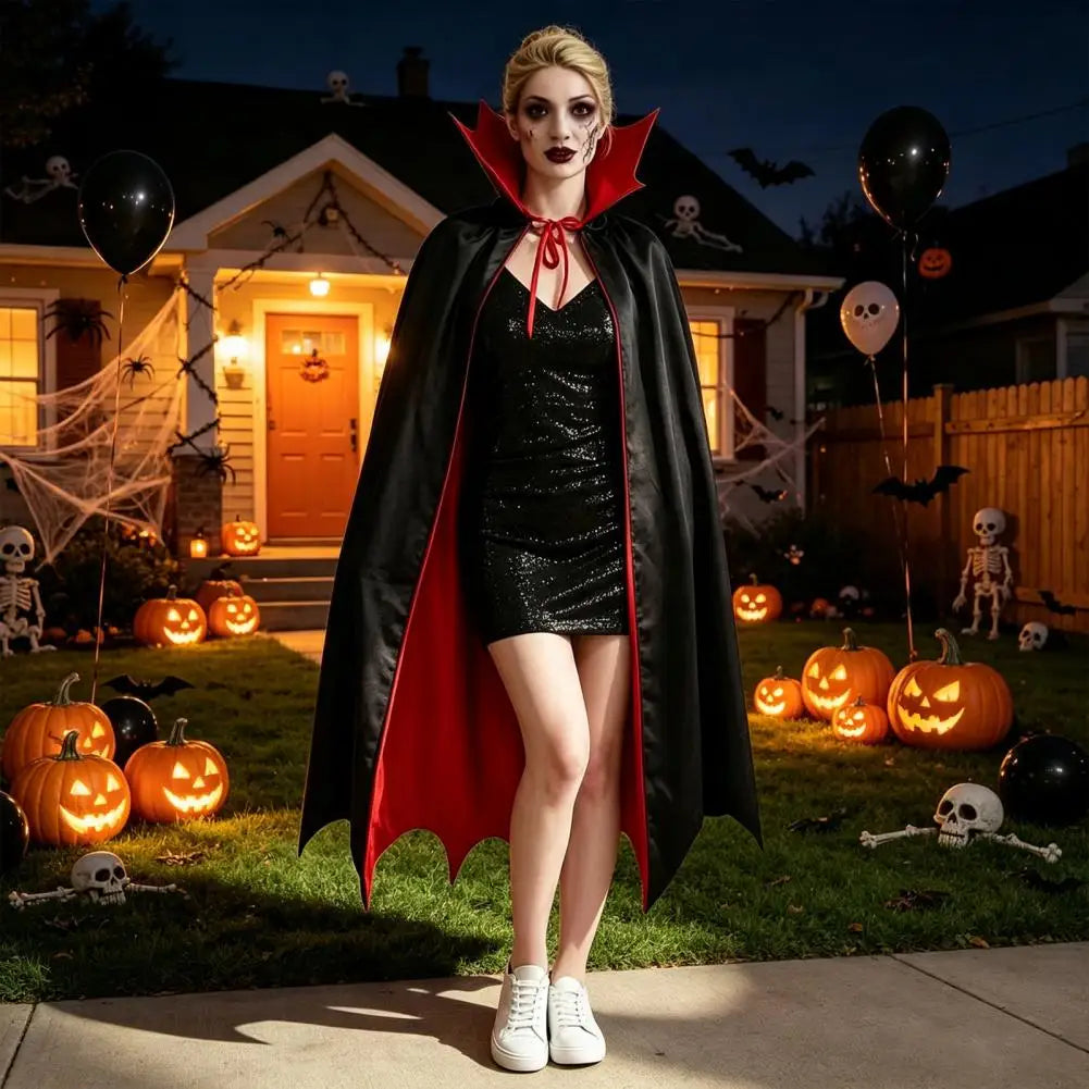 Veylora Vampire Costume Cloak with Stand Up Collar Medieval Gothic Black Red Cape for Halloween Cosplay, Masquerade, Fancy Dance