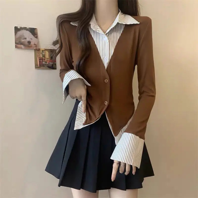 Veylora Striped Shirts & Blouses For Women Basic Modern Long Youthful Clothes Cute And Elegant New 2025 Aesthetic Plus Size Woman Top