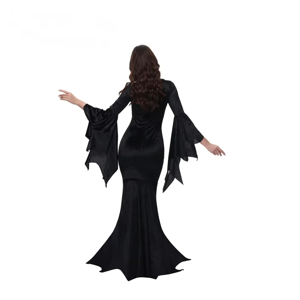 Veylora Halloween Morticia Adams Primate Costume Black Adams Family Dress Retro Gothic Flared Sleeve Fishtail Dress Vestido Party Outfit