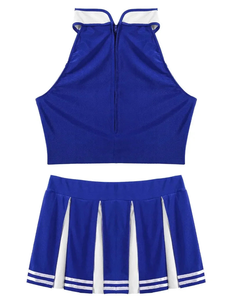 Veylora Carnival Costume 2Pcs Womens Adults Cheerleading Uniform Cosplay Outfit Crop Top with Mini Skirt Halloween Fancy Dress Up Party