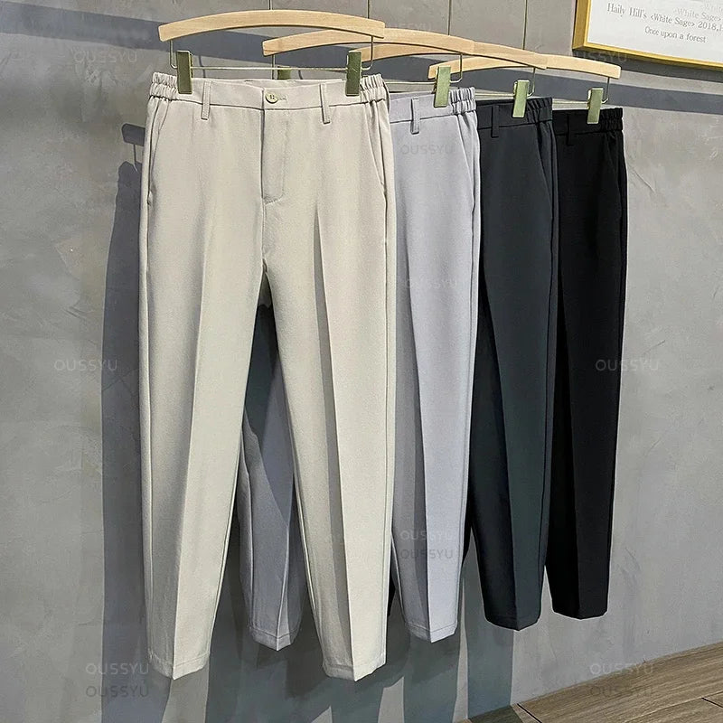 Veylora Summer Men's Casual Pants Suit Pant Slim Fit Work Elastic Waist Thin Jogging Business Trousers Male Black Grey Plus Size 40