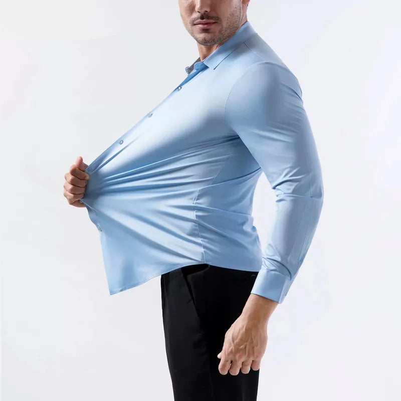 Veylora 100KG Non-Iron Four-way High Stretch Men's Long Sleeve Shirt Silky Soft Sommth Blue Black Business Party Wedding Male Clothing
