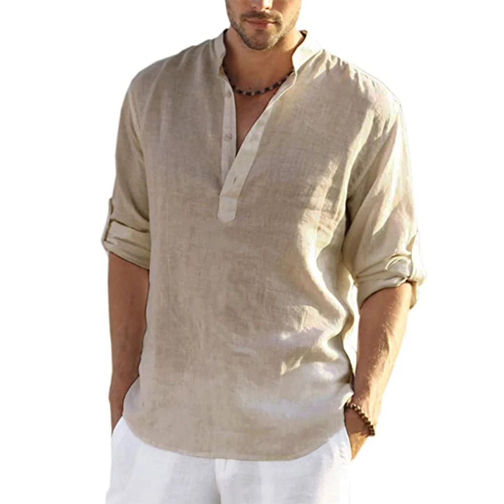 Veylora Men's Casual Blouse Cotton Linen Shirt Loose Tops Long Sleeve Tee Shirt Spring Autumn Casual Handsome Men's Shirts