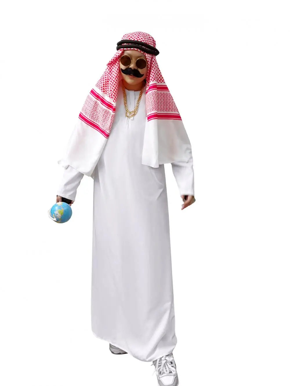 Veylora Arabian Dubai Costume Uae Sheik Cosplay White Robe Headscarf for Wealthy Saudi Birthday Costume Halloween Rich Man Outfit Polyes